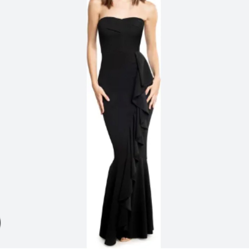 Dress The Population Paris Ruffle Strapless Mermaid Gown in Black sz M